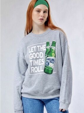 Junk Food Rolling Rock Beer Crew Neck Sweatshirt White and Green Print
